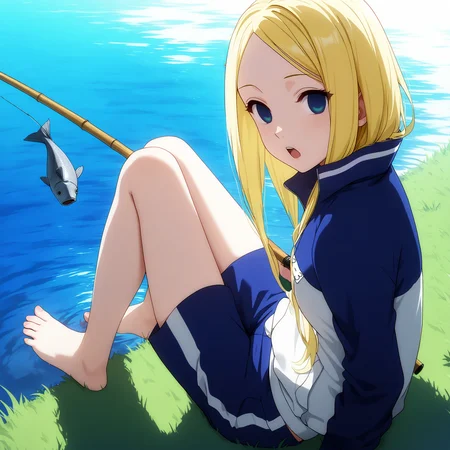 pixiv masterpiece, source_anime, score_9, score_8_up, score_7_up, score_6_up, absurd res, BREAK
<lora:Nino_arakawa_under_the_bridge_illu_v20-000012:1>, nino_arakawa_il, 1girl, solo, tracksuit, number_tag, blue_shorts, looking at viewer, full body, feet,small breasts, open mouth, sitting, holding fishing rod, water, sunny day, from side, <lora:foot focusv1.1:0.8>, feet, toes, foot, barefoot, fish