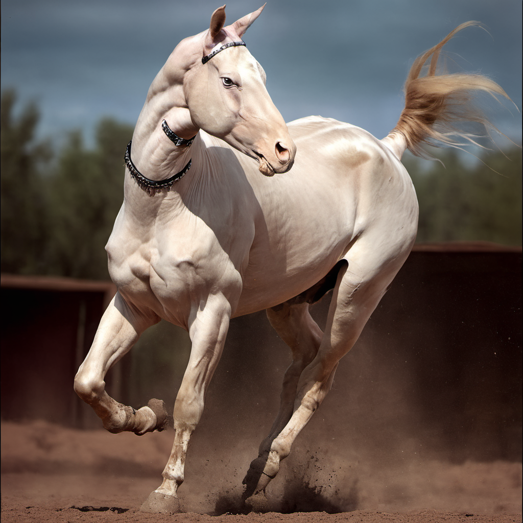 cinematic photo of a big  (intimidating:1.2)  dominant   female cream white <lora:AkhalTeke-000015:1> Akhal Teke (horse:0.2) , wearing a wide black latex choker ,  rearing , action , dust kicked up from the hooves, , natural soft lighting,outside, atmosphere,  by annie leibovitz  open mouth,  seen from below, angry expression, muscular, intimidating stare, cruel, scary, evil,