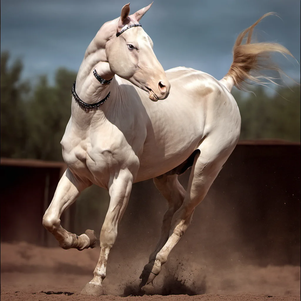 cinematic photo of a big  (intimidating:1.2)  dominant   female cream white <lora:AkhalTeke-000015:1> Akhal Teke (horse:0.2) , wearing a wide black latex choker ,  rearing , action , dust kicked up from the hooves, , natural soft lighting,outside, atmosphere,  by annie leibovitz  open mouth,  seen from below, angry expression, muscular, intimidating stare, cruel, scary, evil,