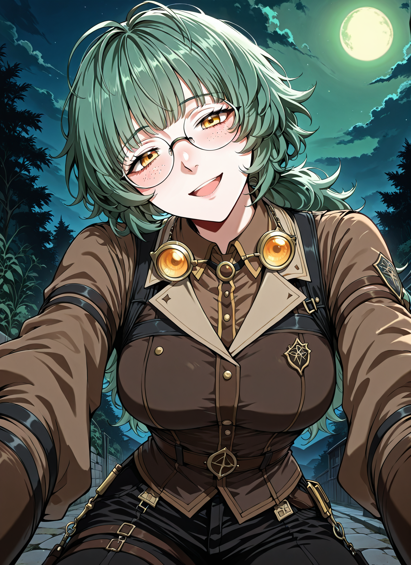 <lora:Emily_Watsken__The_Beginning_After_the_End__Illustrious:1>
1 girl, solo, yellow eyes, green hair, ahoge, low ponytail, bangs, long hair, messy hair, freckles, black pants, knee boots, brown shirt, long sleeves, collared shirt, glasses, round eyewear, belt, 
score_9, score_8_up, score_7_up, score_6_up, source_anime, rating_explicit, 1girl, solo, smile, embarrassed, alcalose eyes, open mouth, looking at viewer, outstretched arms, pov, close-up, (head tilt:1.2), night, green moon, greenish sky, <lora:iLLMythG0thicL1nes:1>