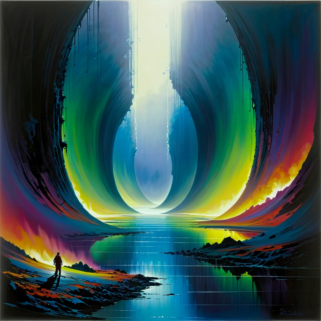 John Berkey Style page,ral-oilspill, There is no road ahead,no land, Strangely,the river is still flowing,crossing the void into the mysterious unknown, The end of nothingness,a huge ripple,it is a kind of wave,and it is the law of time that lasts forever in that void, At the end of the infinite void,there is a colorful world,very hazy and mysterious,and it cannot be seen clearly,but it is real, And that's where the river goes,