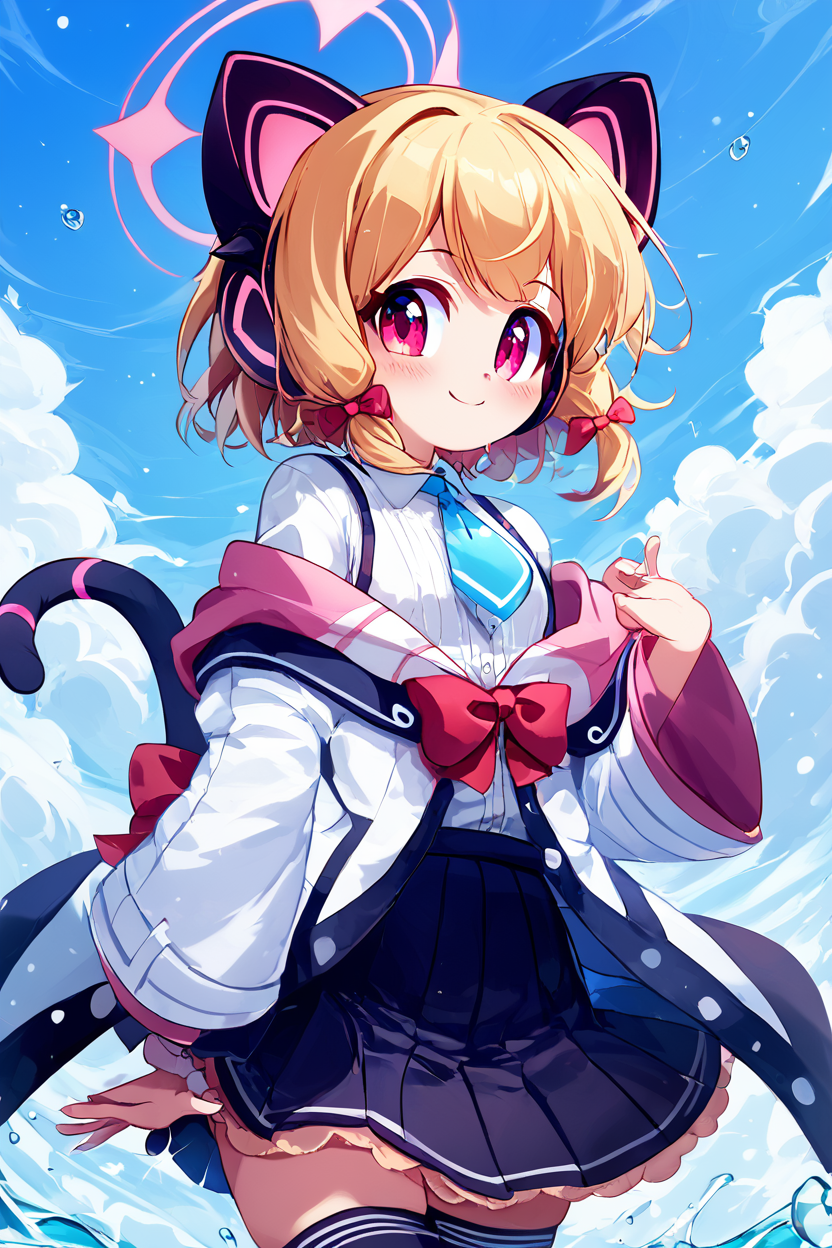score_9, score_8_up, score_8, medium breasts, (curvy), cute, eyelashes,       BREAK, , ,,, zzMomoi, blonde hair, animal ears, fake animal ears, animal ear headphones, headphones, short hair, bow, halo, cat ear headphones, hair bow, red bow, pink eyes, pink halo, tail, cat tail, red eyes, collared shirt, long sleeves, pleated skirt,  white shirt, black skirt, blue necktie, white jacket, wide sleeves, black thighhighs, suspender skirt ,<lora:Momoi_BlueArchive_PDXL:0.8>,    ,,,, BREAK, smile, closed mouth, looking at viewer, cowboy shot, ,,, embedding:zPDXL, Expressiveh, ,,, <lora:Konpeto_PDXL_v3:1.0>, <lora:SDXLFaeTastic2400:0.5>, <lora:Expressive_H-000001:0.4>,