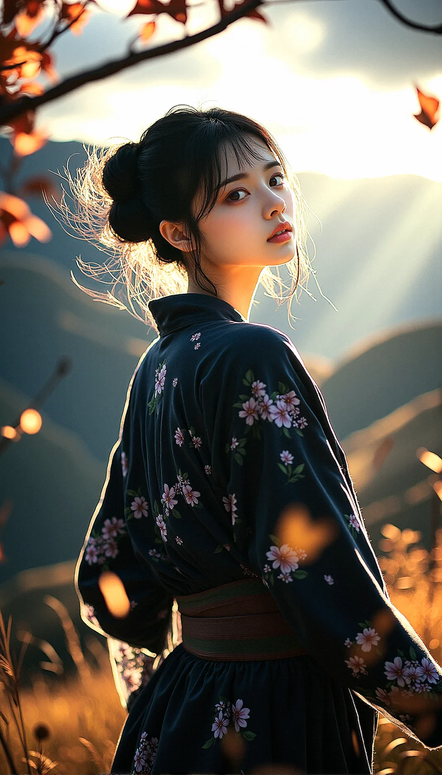 An extreme realism ultra wide shot of a beautiful kunoichi, in an autumnal setting inspired by the Edo period. The scene captures the motion of strong winds, swirling leaves, and the dark clouds looming over a rugged mountainous landscape, all reflected in her intense amber eyes.Wearing lightweight kimono-inspired outfit with a short hem and fitted sleeves, allowing for freedom of movement. The fabric is dark with subtle floral patterns, tied with an obi, and paired with tabi boots.