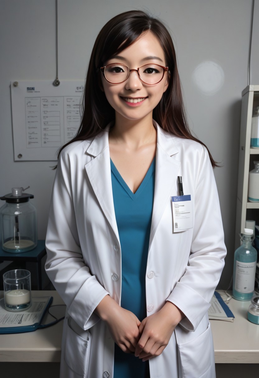 score_9, score_8_up, score_7_up, score_6_up, score_5_up, score_4_up, img, 1girl, realistic, asian woman, scientist, glasses,white lab coat, illustration, smile, realistic, in a laboratory, intricate details zPDXLrl