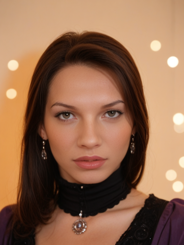 face focused, magic hour, photography, warm light, sunset, movie still, ultra detailed, portrait, BREAK
score_9, score_8_up, score_7_up, SabrinaK4mo3i, Sabrina Kamoei, <lora:SabrinaK4mo3i-pony:1>,  1girl, solo, big lips, dark hair, bangs, portrait, shiny lipgloss, lips, vintage aesthetic, sorceress, turtleneck, purple robe, dress, diadem, solo, blush, looking at viewer, bokeh, focus, film, velvia, film grain, best quality, photograph, focus, earrings, garden