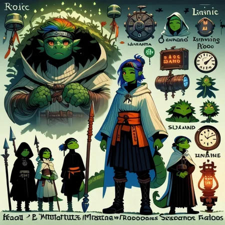 bddstyle, clock, pleated skirt, knee boots, closed eyes, artist name, polearm, ribbed sweater, sash, half updo, green skin, black pants, multicolored hair, orange eyes, headband, lantern, nature, vampire, tail, eyeshadow, turtleneck, white cloak, hooded cloak, standing, axe in hand,