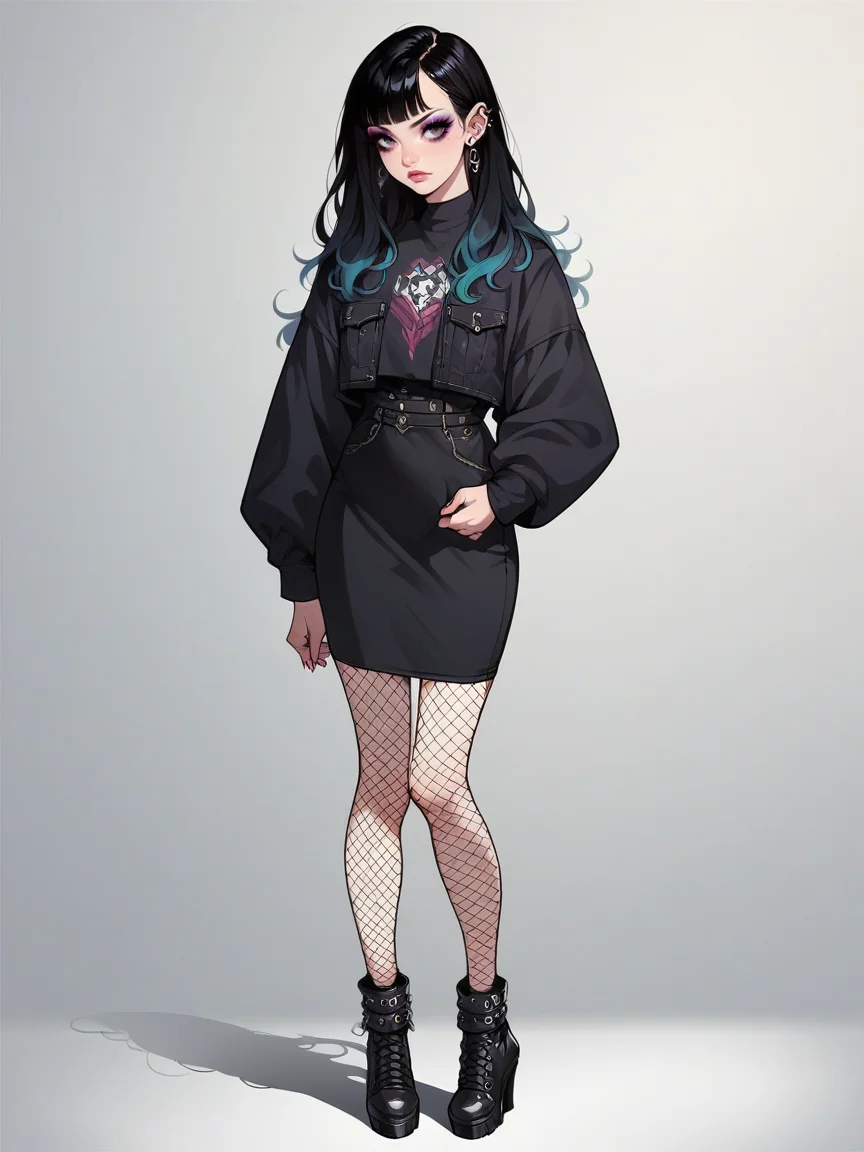 source_anime, score_9, score_8_up, score_7_up, score_6_up, score_5_up, <lora:egirlXLP:0.8> egirl, 1girl, solo, makeup, black hair, gradient hair, ear piercing, eyeshadow, fishnet pantyhose, full body,