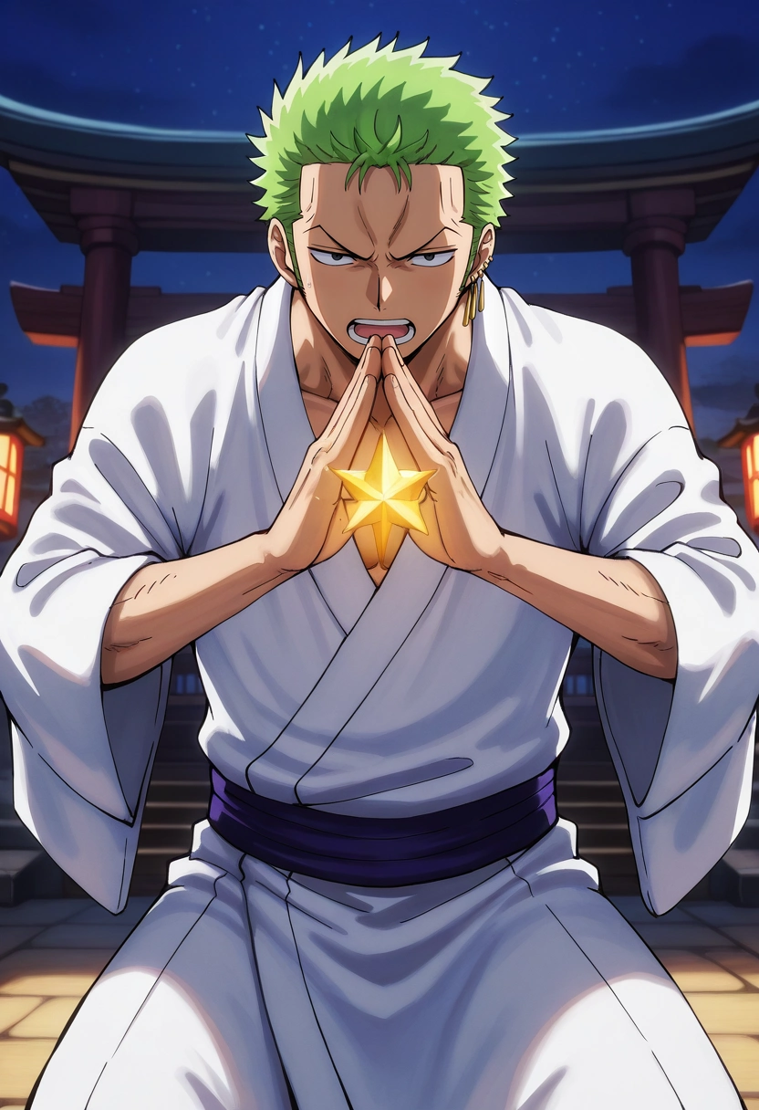 masterpiece, best quality, , (realistic:0.6), , 1boy, solo, male focus, <lora:zoro_roronoa_ilxl:0.92>, zoro_roronoa, green hair, black eyes, short hair, wano country arc, chonmage, japanese clothes, kimono, sideburns, , , lunar temple, silver altars, glowing domes, starlit floors, worship pose, celestial expression, moonlit ambiance,