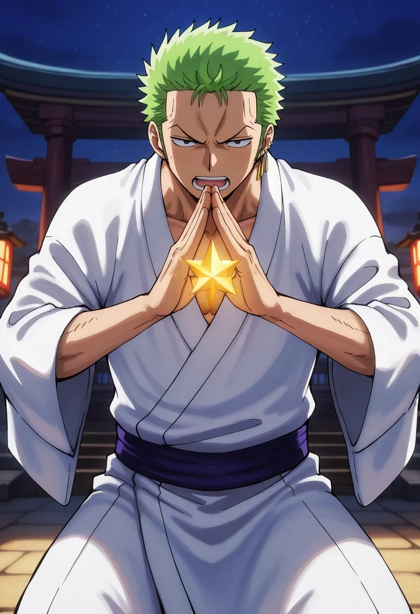masterpiece, best quality, , (realistic:0.6), , 1boy, solo, male focus, <lora:zoro_roronoa_ilxl:0.92>, zoro_roronoa, green hair, black eyes, short hair, wano country arc, chonmage, japanese clothes, kimono, sideburns, , , lunar temple, silver altars, glowing domes, starlit floors, worship pose, celestial expression, moonlit ambiance,