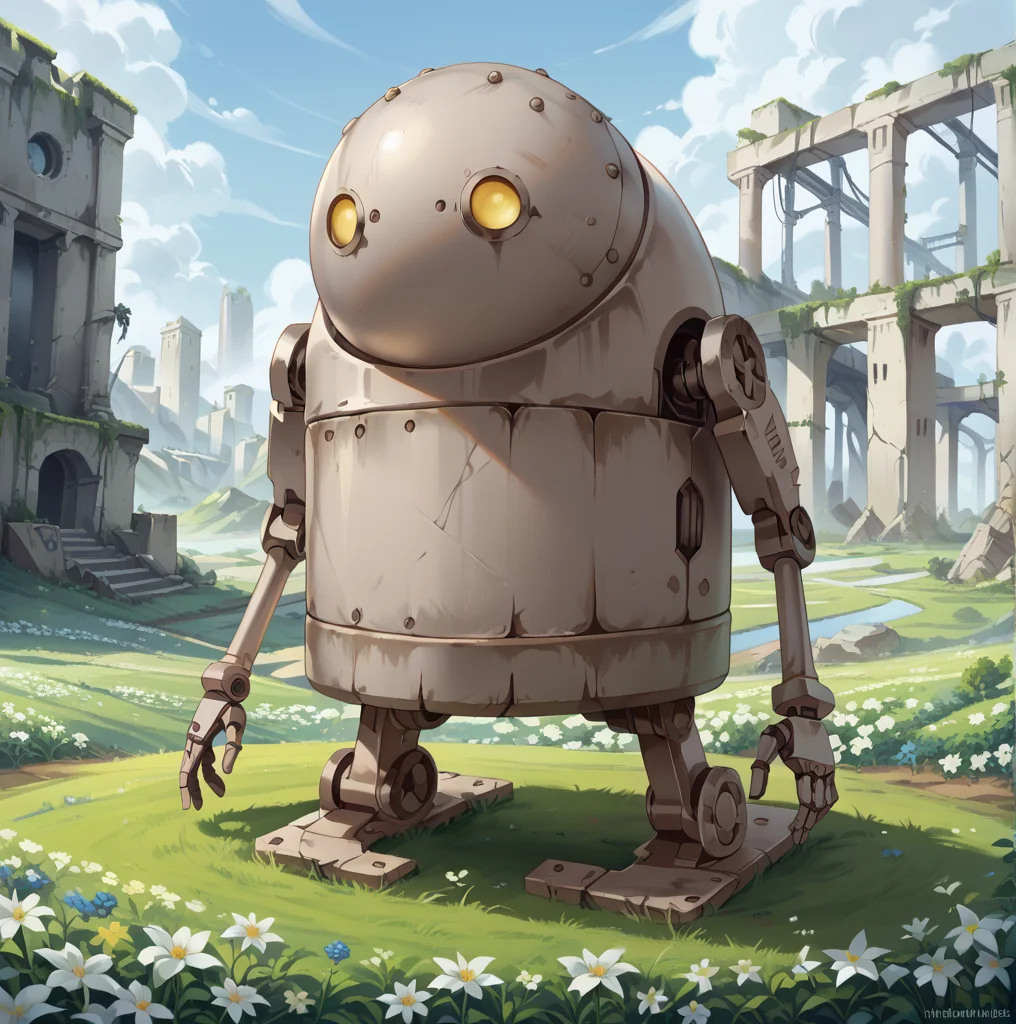 score_9, score_8_up, score_7_up, best quality, masterpiece, source_anime, rating_safe , zPDXL2, BREAK, ruins
<lora:machine_lifeform:1>, machine_lifeform, machine, robot, flower field, growing