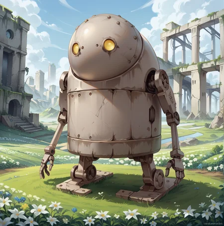 score_9, score_8_up, score_7_up, best quality, masterpiece, source_anime, rating_safe , zPDXL2, BREAK, ruins
<lora:machine_lifeform:1>, machine_lifeform, machine, robot, flower field, growing