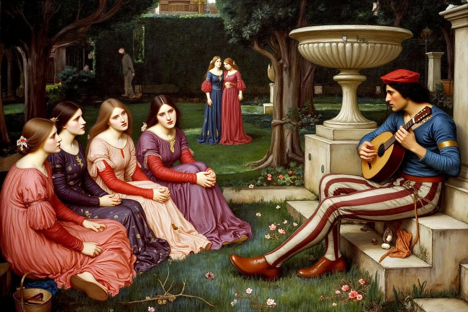jwwaterhouse1 painting. A scene from a medieval garden setting On the left are five women sitting on the grass, looking toward the right. On the right are two men sitting on steps. One man is wearing a red cap, while holding a lute in his lap. Behind him is a man with long dark hair and wearing blue shirts. There is a couple walking in the background. <lora:jwwaterhouse1_cap_d6a3e11:1.0><lora:829534180015840409:0>