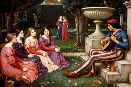 jwwaterhouse1 painting. A scene from a medieval garden setting On the left are five women sitting on the grass, looking toward the right. On the right are two men sitting on steps. One man is wearing a red cap, while holding a lute in his lap. Behind him is a man with long dark hair and wearing blue shirts. There is a couple walking in the background. <lora:jwwaterhouse1_cap_d6a3e11:1.0><lora:829534180015840409:0>