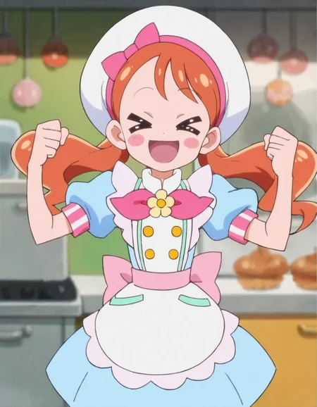 score_9, score_8_up, score_7_up, anime screencap, solo,1girl,usamiichika, >_<,xd,hat, pink bow, apron, white headwear, blue dress, puffy sleeves, beret, open mouth,closed eyes, smile, blush stickers, looking at viewer,cowboy shot,small breasts,blush<lora:usamiichika:0.8>