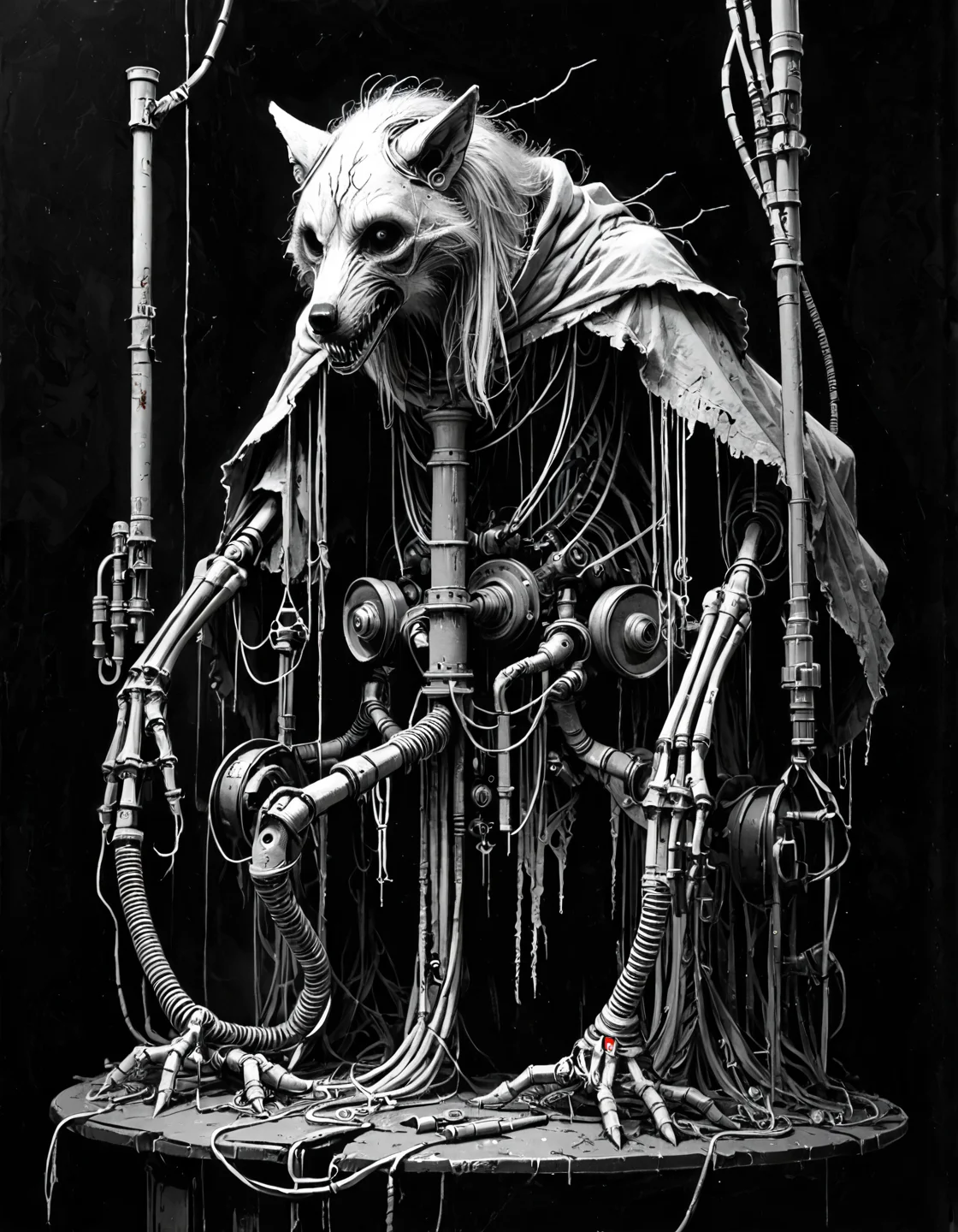 score_9, score_8_up, score_7_up, mm-style, monochrome, black background, (cultist wearing a wolf mask ), mechanical arms,pipes and wires, wearing tattered robes and hood, horror, dark fantasy, full body, <lora:Monochrome_Monsters_Pony:0.8>