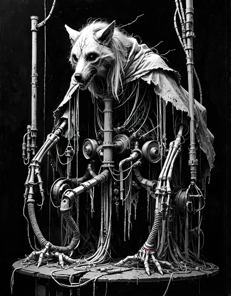 score_9, score_8_up, score_7_up, mm-style, monochrome, black background, (cultist wearing a wolf mask ), mechanical arms,pipes and wires, wearing tattered robes and hood, horror, dark fantasy, full body, <lora:Monochrome_Monsters_Pony:0.8>