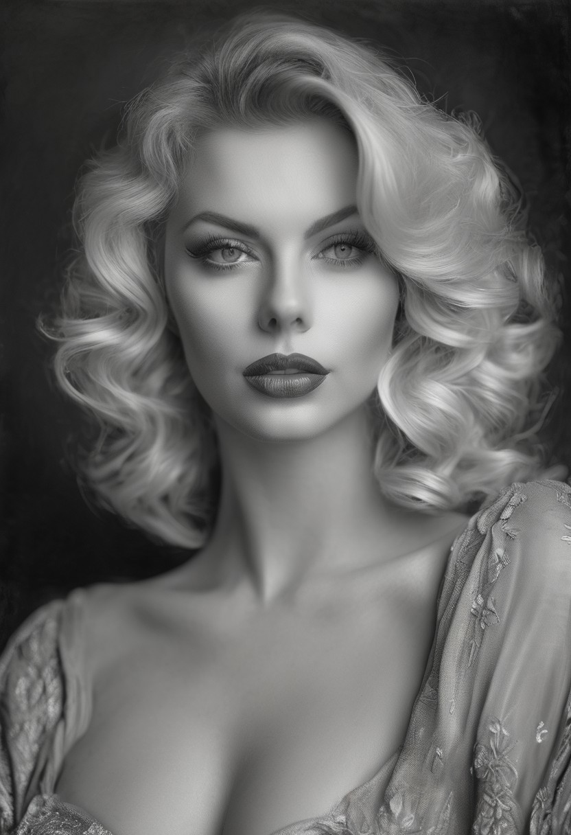 professional black and white photo, sexy old hollywood glamour portrait, 35mm film, kodak, nikon, analog, a beautiful curvy woman,  extremely realistic, photo-realistic skin, intricate detail,  gorgeous face, beautiful perfect eyes, soft smile, professional makeup and hair, portrait, large natural breasts, cleavage