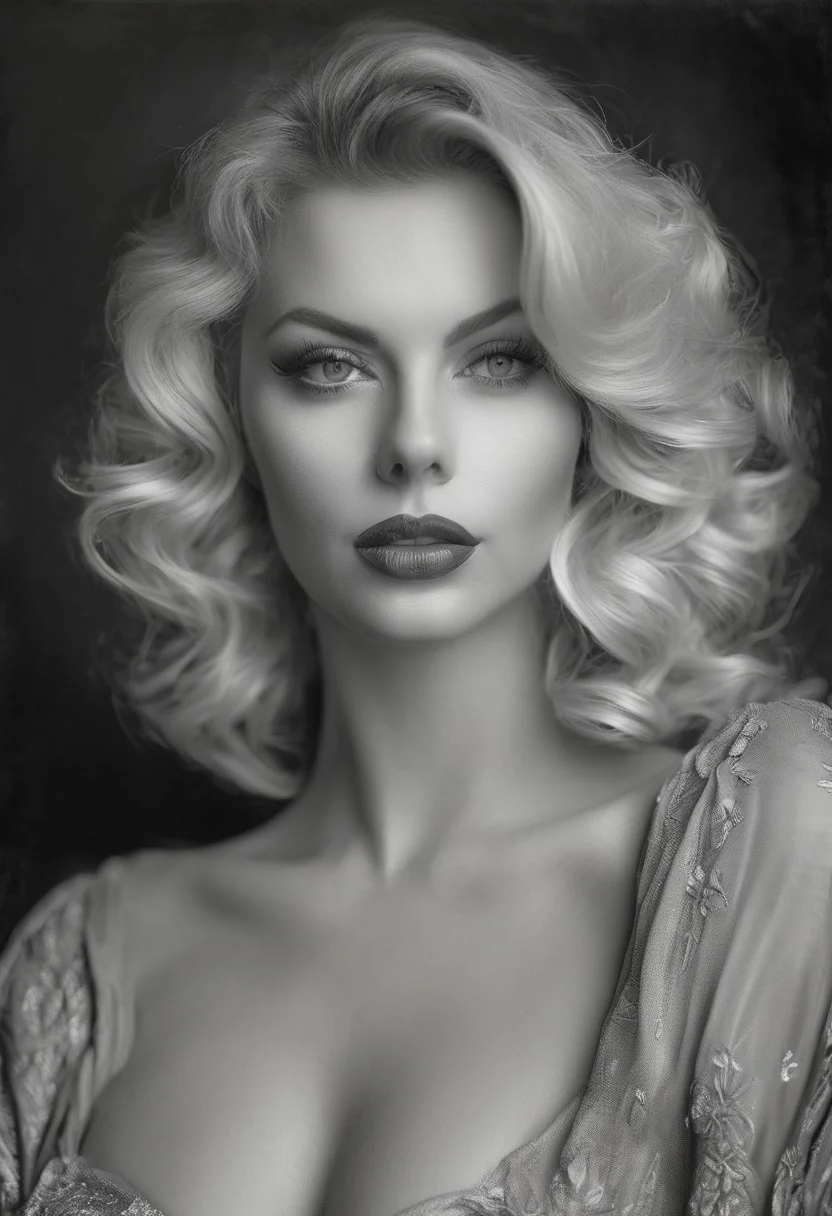 professional black and white photo, sexy old hollywood glamour portrait, 35mm film, kodak, nikon, analog, a beautiful curvy woman, extremely realistic, photo-realistic skin, intricate detail, gorgeous face, beautiful perfect eyes, soft smile, professional makeup and hair, portrait, large natural breasts, cleavage