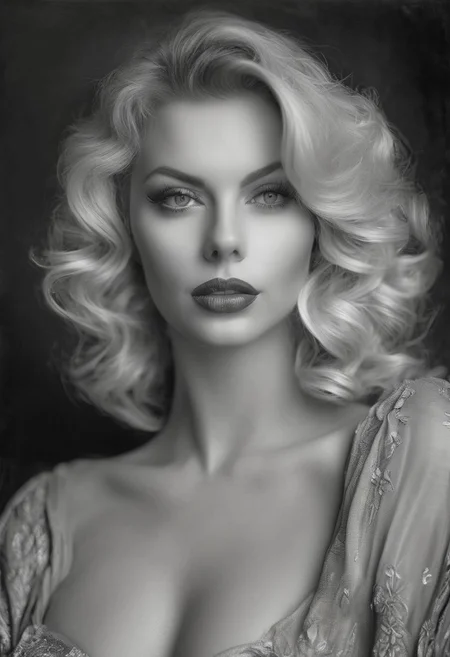 professional black and white photo, sexy old hollywood glamour portrait, 35mm film, kodak, nikon, analog, a beautiful curvy woman,  extremely realistic, photo-realistic skin, intricate detail,  gorgeous face, beautiful perfect eyes, soft smile, professional makeup and hair, portrait, large natural breasts, cleavage