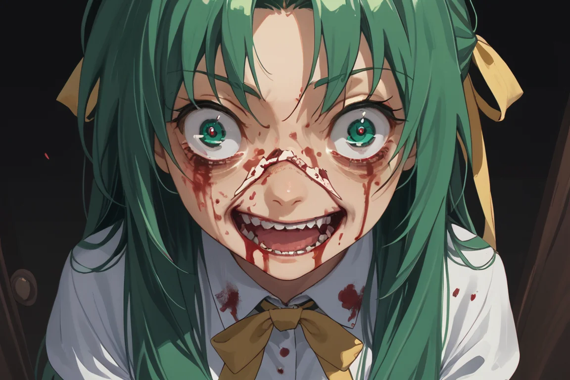 score_9, score_8_up, score_7_up, 1girl, solo, shi, green hair, long hair, green eyes, hair ribbon, blood on face, insanity-angle, letterboxed, crazy eyes <lora:Shion renew :1> <lora:insanity-angle:1>