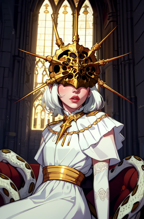 Gwyndolin, white hair, lips, androgynous, 
 gold mask, covered eyes, gold jewelry, white elbow gloves, white dress, arms behind back, 
snakes, 
upper body,  sitting,  
cathedral,  indoors,   night,  moonlight, 
(best quality, masterpiece, perfect face, beautiful and aesthetic:1.2, highest detailed face),
 <lora:Gwyndolin-10v7:0.8>