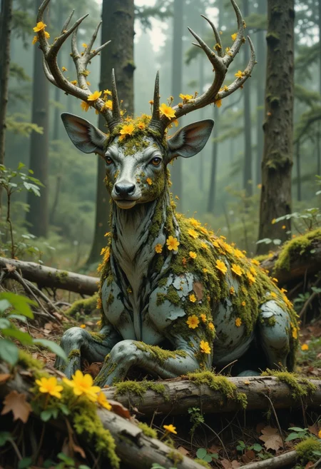 A hyper-realistic Close up shot of a figure completely made of moss and yellow flowers in white deer form, full body zoomed in, ultra sharp focus photo, 3d render, architecture, dark fantasy, vibrant (photography, high-resolution, dynamic, energetic,hyper-realistic, dramatic lighting, shallow depth of field.) Forest background.