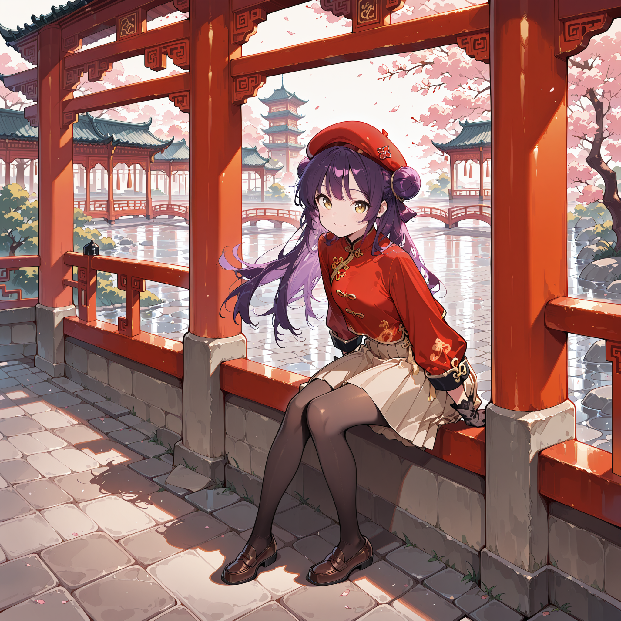 (masterpiece),(best quality),(ultra-detailed),(best illustration),(best shadow),(absurdres),(detailed background),(very aesthetic), 1girl, solo, <lora:Rein:1>, purple hair, yellow eyes, long hair, hair buns, red hat beret, red chinese clothes, beige skirt, pleated skirt, midi skirt, pantyhose, loafers, black silk gloves, cobblestone, sitting, looking at viewer, smile, chinese background, red bridge, wind, from side