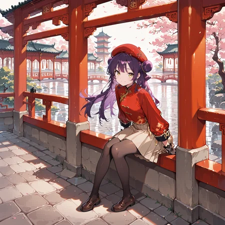 (masterpiece),(best quality),(ultra-detailed),(best illustration),(best shadow),(absurdres),(detailed background),(very aesthetic), 1girl, solo, <lora:Rein:1>, purple hair, yellow eyes, long hair, hair buns, red hat beret, red chinese clothes, beige skirt, pleated skirt, midi skirt, pantyhose, loafers, black silk gloves, cobblestone, sitting, looking at viewer, smile, chinese background, red bridge, wind, from side