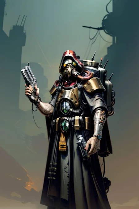((masterpiece,best quality)), absurdres, BREAK
mechanical arms, robes, hood, BREAK
((techpriest)), cyborg, mechanical face, mechanical limbs, gas mask, mechanical tentacles, (mechanical backpack), BREAK
1other, solo, holding pistol, firearm, handgun, pistol, gun, BREAK
factory background, smoggy sky, air pollution, smokestacks, BREAK
(comic character)