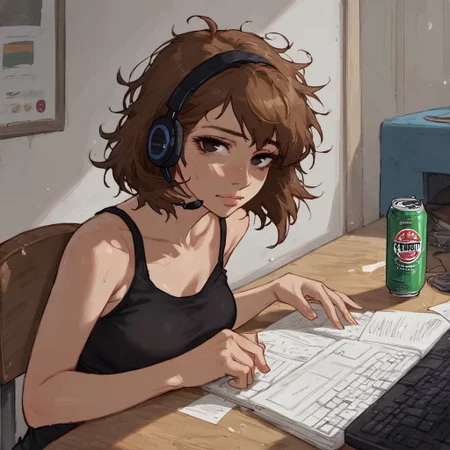 score_9, score_8_up, score_7_up, source_anime BREAK 1girl, solo, upper body, looking at viewer<lora:zs_ToriumiXL:1> toriumip3, short hair, brown hair, brown eyes, black tank top, tired eyes, messy hair, messy desk, beer cans, messy room, sitting on chair, headset, keyboard,