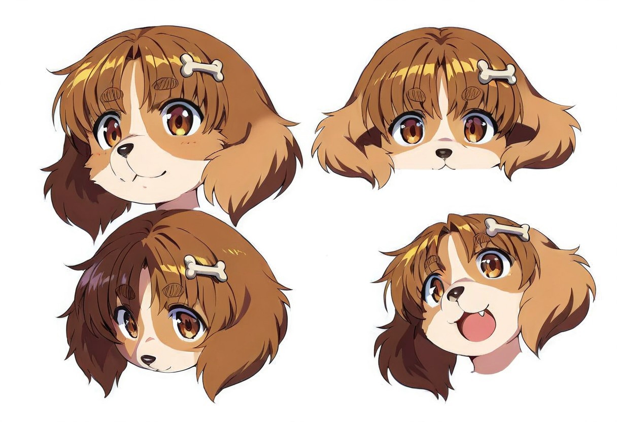 Solo, 1girl, female, young, small body, shortstack, cute face, furry, dog ears, dog tail, dog girl, small breast, body fur, bone hair ornament, brown hair, brown eyes, animal nose, bangs, thick eyebrows, short hair, detailed eyes, detailed skin, detailed eyes, perfect face, BREAK character sheet, multiple views, reference sheet, expressions, BREAK  ((ultra-detailed)), ((best quality)), ((best quality)), ((beautiful eyes)), ((extremely detailed)), 4K, (8K), best quality, (beautiful), Master piece, highres, score_9, score_8_up, score_7_up, score_6_up, score_5_up, score_4_up, colorful, best quality, official art, highres, masterpiece, nai3, god light, detailed background, high quality background, white background, solid color background,