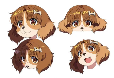 Solo, 1girl, female, young, small body, shortstack, cute face, furry, dog ears, dog tail, dog girl, small breast, body fur, bone hair ornament, brown hair, brown eyes, animal nose, bangs, thick eyebrows, short hair, detailed eyes, detailed skin, detailed eyes, perfect face, BREAK character sheet, multiple views, reference sheet, expressions, BREAK  ((ultra-detailed)), ((best quality)), ((best quality)), ((beautiful eyes)), ((extremely detailed)), 4K, (8K), best quality, (beautiful), Master piece, highres, score_9, score_8_up, score_7_up, score_6_up, score_5_up, score_4_up, colorful, best quality, official art, highres, masterpiece, nai3, god light, detailed background, high quality background, white background, solid color background,