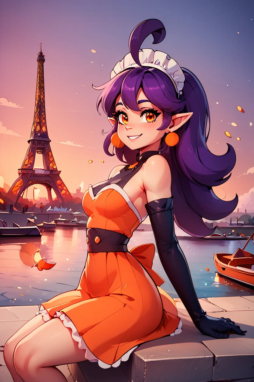score_9, score_8_up, score_8, medium breasts, (curvy), cute, eyelashes, BREAK, , StardustPumpkinsCitronOC, solo, long purple hair, orange eyes, ahoge, pointy ears, orange dress, elbow gloves, bare shoulders, maid headdress, jewelry, earrings, <lora:StardustPumpkins_CitronOC_PDXL_v1:0.8>, , BREAK, zzEiffelTower in background, sitting, watercraft, boat, sitting on wall, side view, looking at viewer, smile, ,,, BREAK, blooming stars, luminescent petals, otherworldly fragrance blurry background, ,,, embedding:zPDXL, Expressiveh, ,,, <lora:EiffelTowerPDXL:0.8>, <lora:CatalystStylePDXL:0.6>, <lora:SDXLFaeTastic2400:0.5>, <lora:Expressive_H-000001:0.4>,