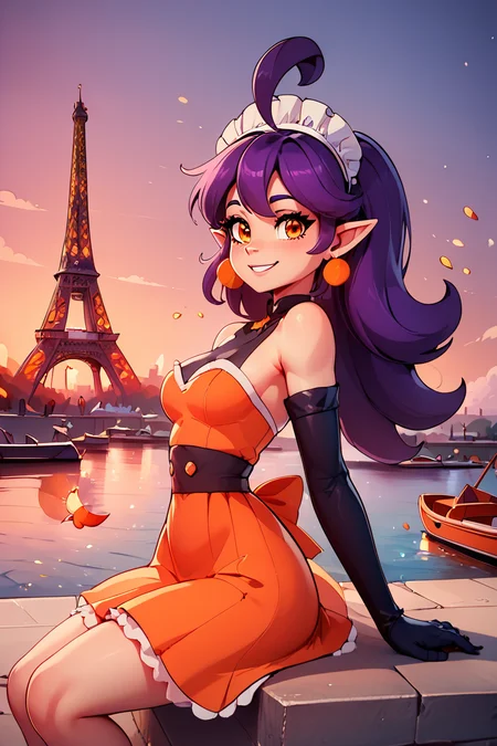 score_9, score_8_up, score_8, medium breasts, (curvy), cute, eyelashes, BREAK, , StardustPumpkinsCitronOC, solo, long purple hair, orange eyes, ahoge, pointy ears, orange dress, elbow gloves, bare shoulders, maid headdress, jewelry, earrings, <lora:StardustPumpkins_CitronOC_PDXL_v1:0.8>, , BREAK, zzEiffelTower in background, sitting, watercraft, boat, sitting on wall, side view, looking at viewer, smile, ,,, BREAK, blooming stars, luminescent petals, otherworldly fragrance blurry background, ,,, embedding:zPDXL, Expressiveh, ,,, <lora:EiffelTowerPDXL:0.8>, <lora:CatalystStylePDXL:0.6>, <lora:SDXLFaeTastic2400:0.5>, <lora:Expressive_H-000001:0.4>,