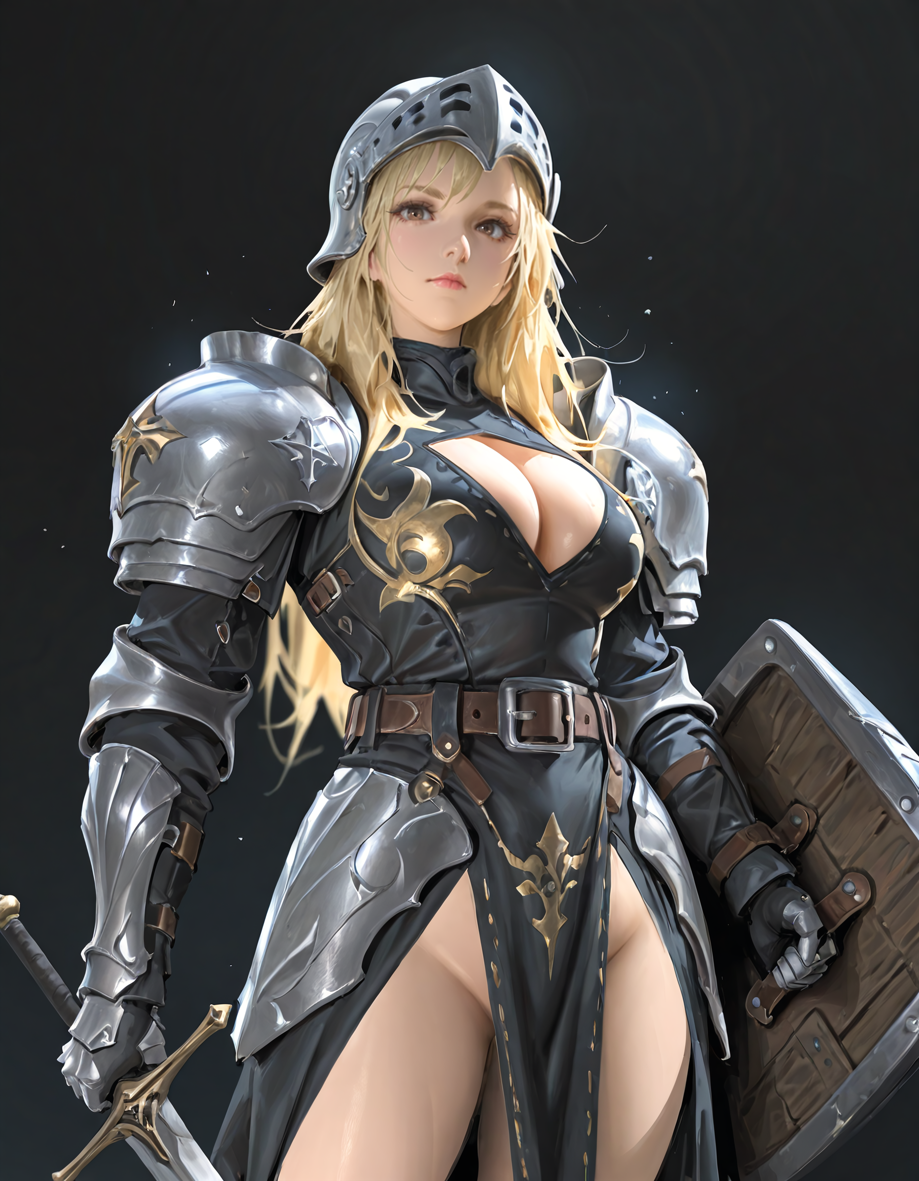 high quality, score_9, score_8_up, source_7_up, very aesthetic, high resolution, newest, depth of field, volumetric lighting, (masterpiece, best quality, ultra-detailed, High detailed), beautiful faces, uncensored, more detail XL, absurdres,masterpiece,best quality,amazing quality, masterpiece,best quality,amazing quality, 8k, 
BREAK  <lora:vergilhoo_style-20:0.8> vergilhoo_style, 1girl, solo, long hair, breasts, looking at viewer, large breasts, blonde hair, holding, closed mouth, cleavage, brown eyes, weapon, belt, sword, holding weapon, armor, clothing cutout, holding sword, cleavage cutout, helmet, black background, shoulder armor, gauntlets, pauldrons, shield, knight, holding shield, medieval