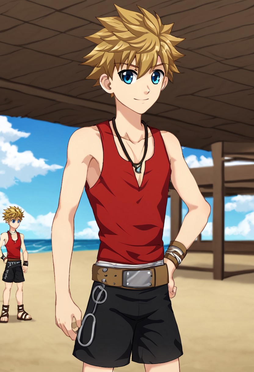 connor bleufin, blond hair, short hair, spiky hair, blue eyes, 1boy, solo, solo focus, medium build body, wear red tank top, wear black shorts, outdoor, sunny day, clear sky, standing