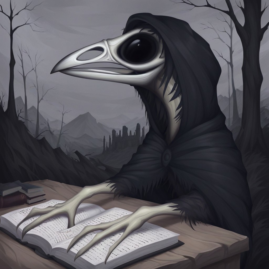 masterpiece, score_9_up, score_8_up, score_7_up, score_6_up, (best quality:1.1), ultra-detailed, high resolution, solo, Maar, God of death, feral, avian, raven skull, beak, black eye sockets, white skeletal body, dark coat, grimdark BREAK upper body, black indoors, horror forest, castle, stone table, sitting, leaning on table, chair, books, inkwell, three quarter view, looking down, detailed facial features, expressiveh, highly visible, sharp focus, detailed background