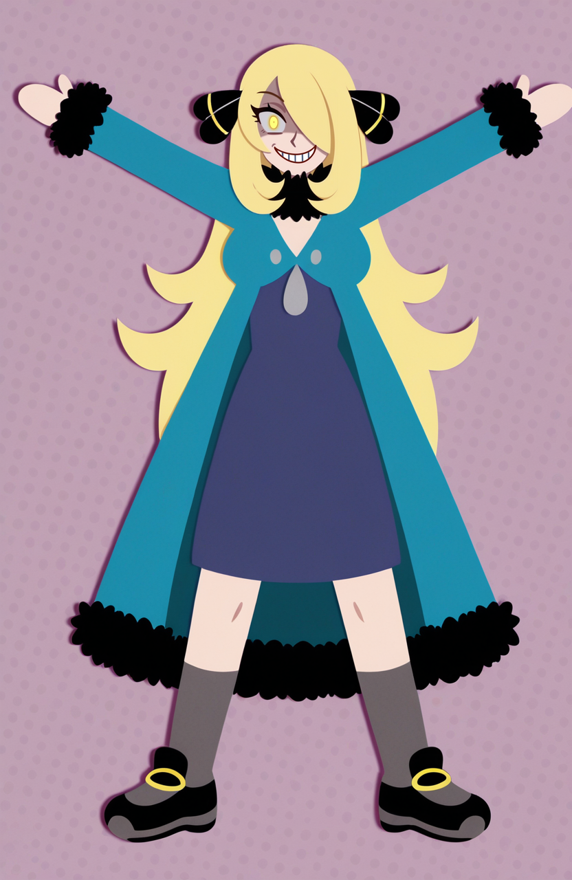 1girl, solo, no lineart, paper texture, 
cynthia \(pokemon\), blonde hair, yellow eyes, hair over one eye, hair ornament, tall female, aqua long coat, blue dress, taut dress, grey kneehighs, aqua new balance, standing, arms spread wide, infectious smile, glowing eyes, happy spirit,
 <lora:GrittySugar:1> grittysugar, extremely detailed, highres, masterpiece, best quality