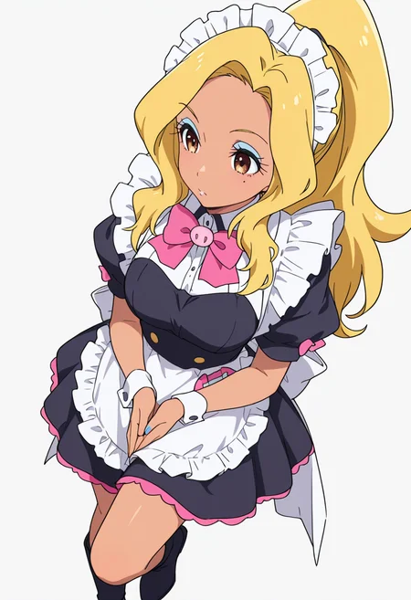 Smooth Quality,masterpiece,very intricate, high quality details, ultra realistic, high detailed skin,detailed enviorement,absurdres,
<lora:Gotou_Shino_Shiipon_CNR:0.8> gotou_cnr, blonde hair,long hair, ponytail, brown eyes, dark-skinned female, mole, nail polish, eyeshadow,gotou_maid_cnr,maid, maid headdress, maid apron,black dress, short dress,puffy short sleeves, boots, frills,pink bowtie,, simple background, white background, from above,solo,
standing with one foot against opposite knee, hands in prayer position ,, + -,
