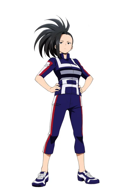 masterpiece, best quality, very aesthetic, absurdres,
yaoyorozumomo, 1girl, black eyes, black hair, ponytail, long hair, hair pulled back,
short sleeves, training outfit, blue pants,
hands on hips, full body, standing, solo, looking at viewer, simple background , white background, <lora:MomoYaoyorozuNoobXL_byKonan:1>