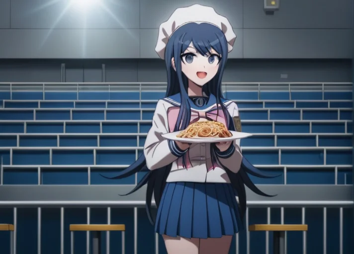 <lora:Sayaka_Maizono_SDXL:1>,solo, This is an anime screencap from Danganronpa 3. .Sayaka Maizono wearing her uniform from Danganronpa 1. She has her long blue hair down. She is wearing the Hope's Peak Academy uniform with a light pink ribbon. Her sleeves reach her wrists. She has a short, pleated, blue skirt. She's holding a plate of spaghetti and has a big white chef's hat on, a toque blanche. Her expression is gleeful and she seems proud of her meal. She's standing in an auditorium that has metal bleachers. The walls are gray and the bleachers are a dark blue. The lighting is bright with the sun shining down from a window. Sayaka's full body is in the frame.