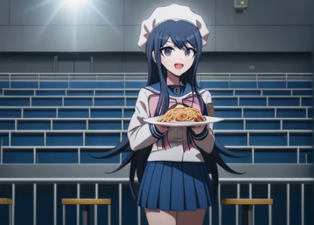 <lora:Sayaka_Maizono_SDXL:1>,solo, This is an anime screencap from Danganronpa 3. .Sayaka Maizono wearing her uniform from Danganronpa 1. She has her long blue hair down. She is wearing the Hope's Peak Academy uniform with a light pink ribbon. Her sleeves reach her wrists. She has a short, pleated, blue skirt. She's holding a plate of spaghetti and has a big white chef's hat on, a toque blanche. Her expression is gleeful and she seems proud of her meal. She's standing in an auditorium that has metal bleachers. The walls are gray and the bleachers are a dark blue. The lighting is bright with the sun shining down from a window. Sayaka's full body is in the frame.