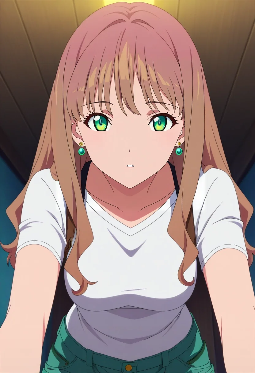 masterpiece, best quality, , anime screencap, anime coloring, official style, looking at viewer, 1girl, solo, <lora:yume_minami_ilxl:0.98>, yume_minami, brown hair, green eyes, long hair, bangs, , Cargo boardshorts, Henley shirt, , , Earrings and and