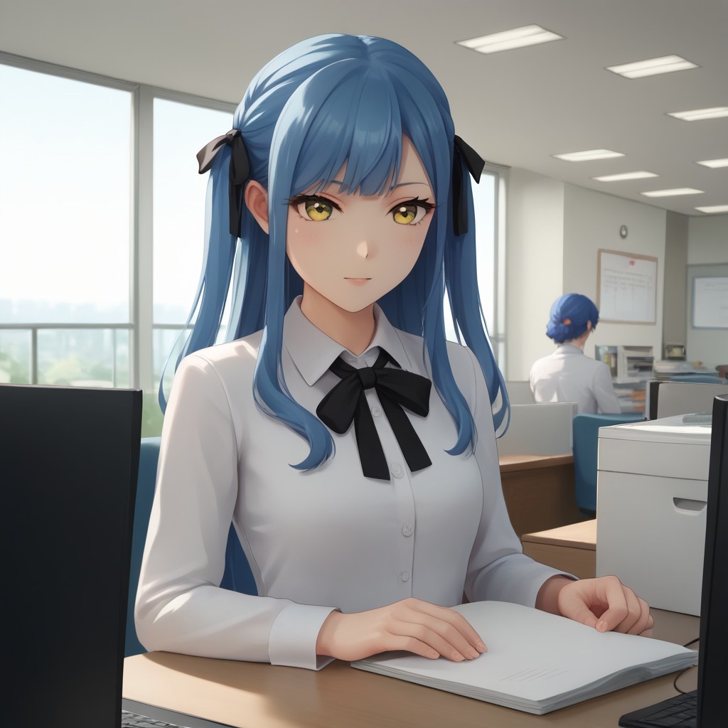 score_9, score_8, score_7, anime style, anime, (masterpiece:1.2, best quality:1.2), ((ultra-detailed)), best anatomy, togawa sakiko, long hair, blue hair, yellow eyes, black ribbon, hair ribbon, two side up, bangs,  messyjapaneseoff1ce, office interior, indoors, office, doing_customer_assistant_work, in front of computer,