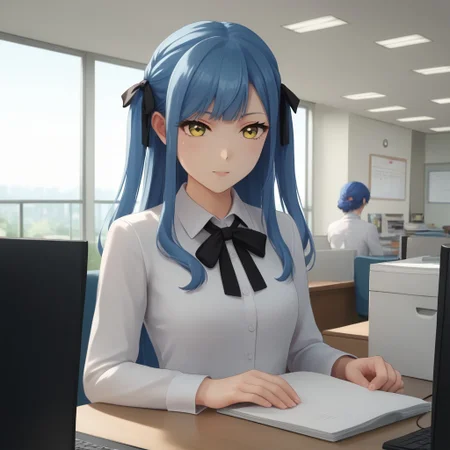 score_9, score_8, score_7, anime style, anime, (masterpiece:1.2, best quality:1.2), ((ultra-detailed)), best anatomy, togawa sakiko, long hair, blue hair, yellow eyes, black ribbon, hair ribbon, two side up, bangs, messyjapaneseoff1ce, office interior, indoors, office, doing_customer_assistant_work, in front of computer,