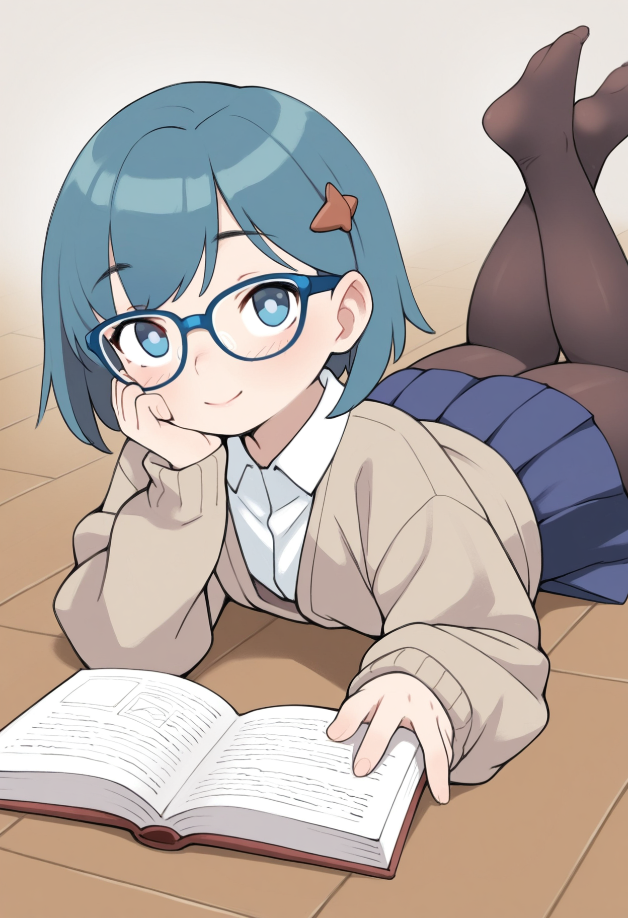 masterpiece,best quality,amazing quality,
1girl, solo, lying, glasses, on stomach, book, skirt, pantyhose, hair ornament, short hair, blue hair, blue eyes, smile, looking at viewer, cardigan, black pantyhose, hairclip, shirt, pleated skirt, no shoes, open book, white shirt, head rest, blue skirt, collared shirt, closed mouth, the pose, blue-framed eyewear, long sleeves, reading, holding,
 <lora:Qtkat:1>