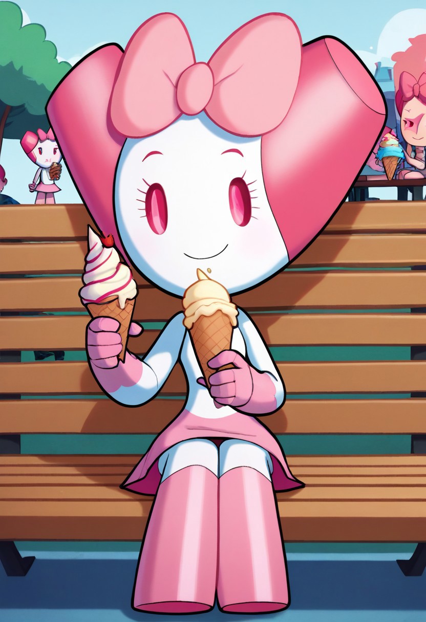 score_9, score_8_up, score_7_up, score_6_up, score_5_up, score_4_up, RobotGirlBase, solo, solo focus, female focus, 1girl, robot, robot girl, sitting, full body, outdoors, park, pink eyes, pink skirt, pink bow, smile, looking at viewer, sitting on bench, bench, holding ice cream cone, ice cream cone, holding, strawberry ice cream, v,