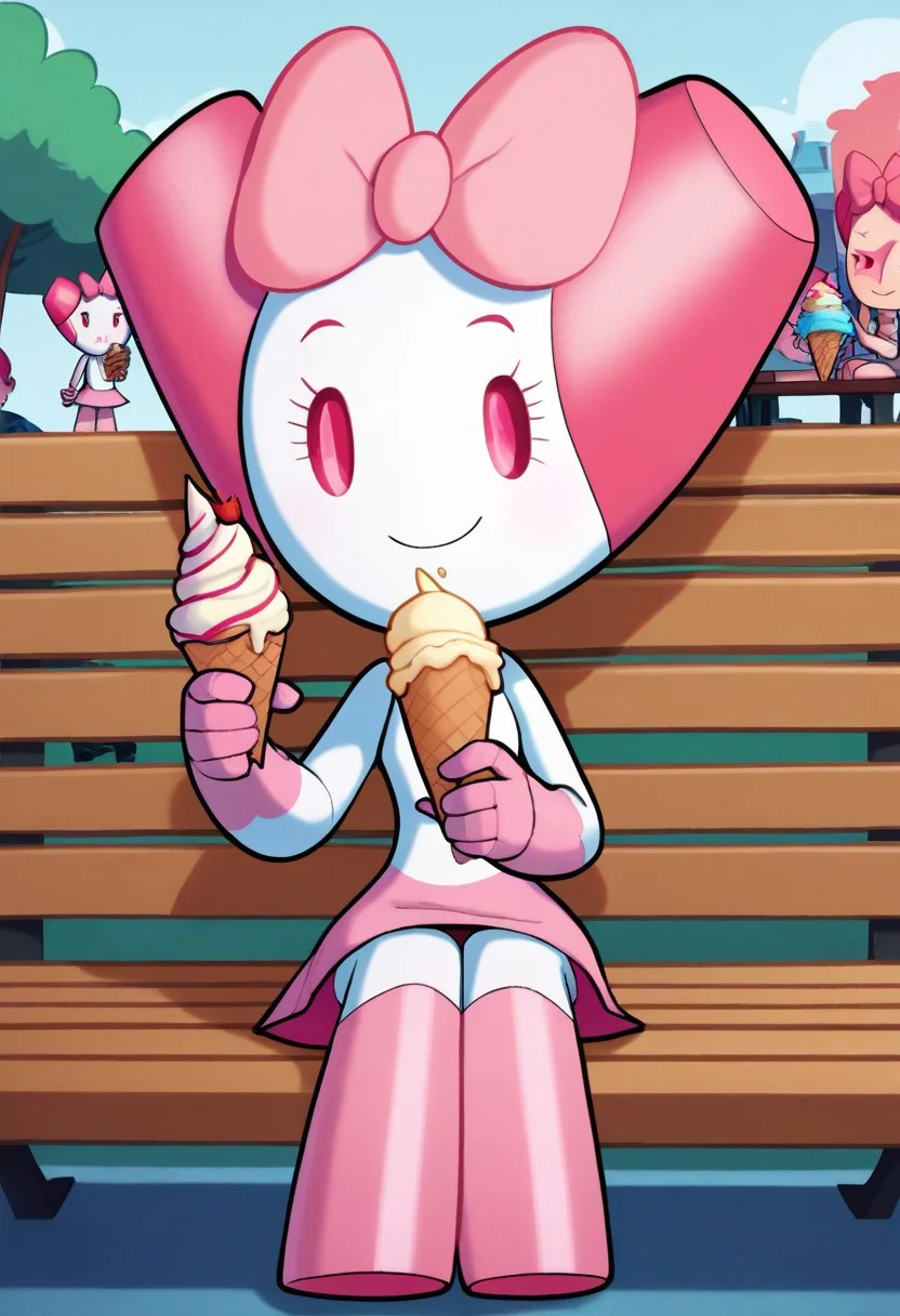 score_9, score_8_up, score_7_up, score_6_up, score_5_up, score_4_up, RobotGirlBase, solo, solo focus, female focus, 1girl, robot, robot girl, sitting, full body, outdoors, park, pink eyes, pink skirt, pink bow, smile, looking at viewer, sitting on bench, bench, holding ice cream cone, ice cream cone, holding, strawberry ice cream, v,
