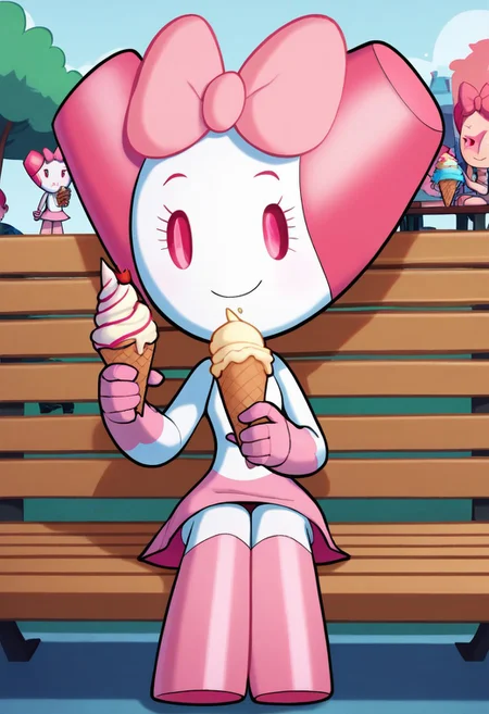 score_9, score_8_up, score_7_up, score_6_up, score_5_up, score_4_up, RobotGirlBase, solo, solo focus, female focus, 1girl, robot, robot girl, sitting, full body, outdoors, park, pink eyes, pink skirt, pink bow, smile, looking at viewer, sitting on bench, bench, holding ice cream cone, ice cream cone, holding, strawberry ice cream, v,
