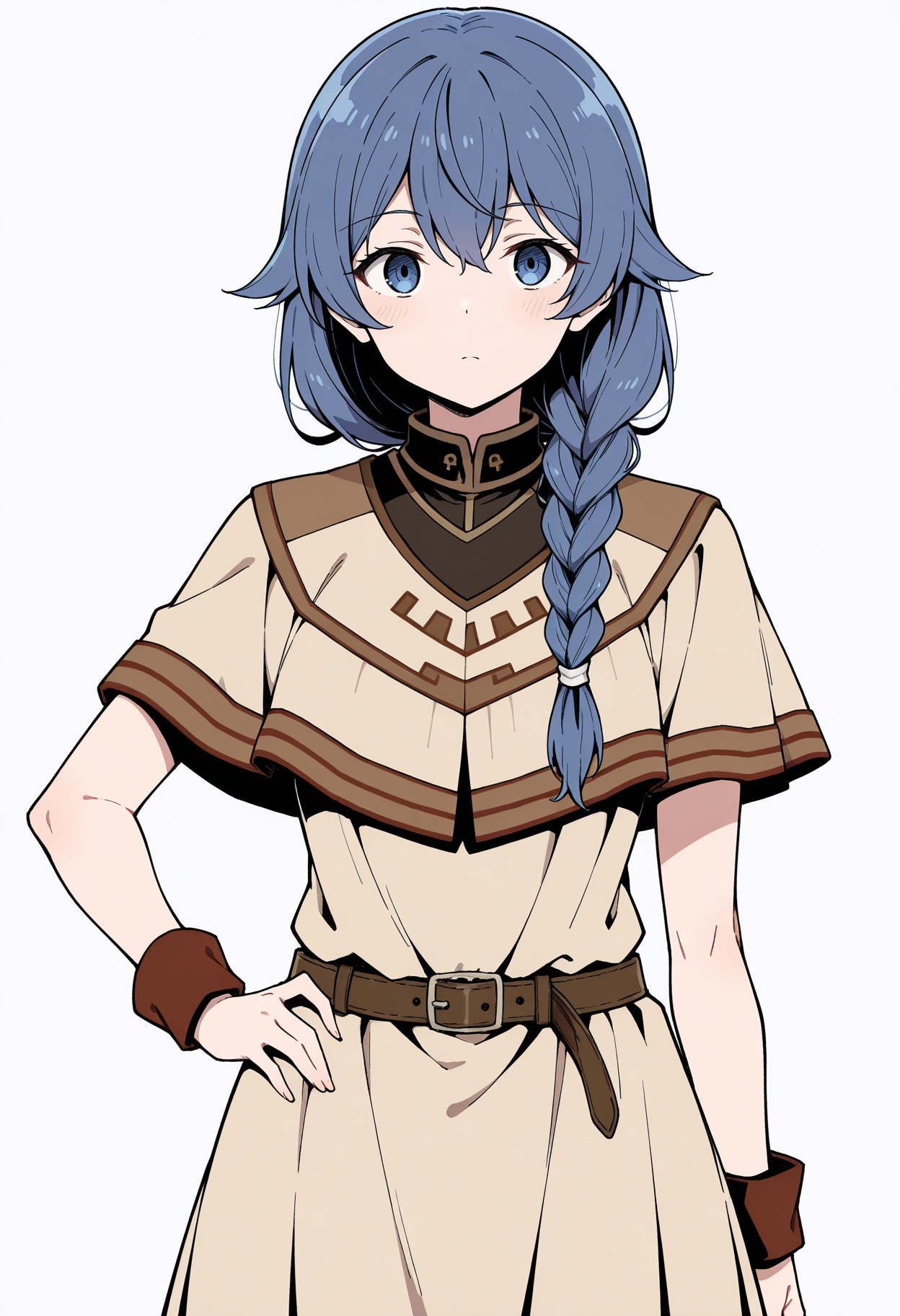 masterpiece, best quality,
1girl, solo,
standing, hand on own hip,
looking at viewer,
<lora:Rokari_Migurdia:1> R0k4r1M1g0rd14, blue eyes, blue hair, single braid, long hair, hair between eyes, bangs,
dress, belt, 
white background, simple background,